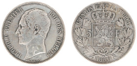 Belgium - Leopold I (1831-1865) - 5 Francs 1851. Dot above date. Head left, Crowned shield, date below. KM17 - VF