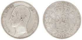 Belgium - Leopold I (1831-1865) - 5 Francs 1853. Head left, Crowned shield, date below. KM17 - VF