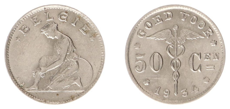 Belgium - Albert I (1909-1934) - 50 Centimes 1934-VL (KM88, Aern.76) - Obv: Woun...