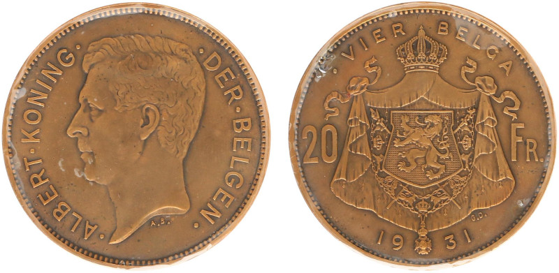 Belgium - Albert I (1909-1934) - 20 Francs 1931 Flemisch. Copper pattern. Head l...