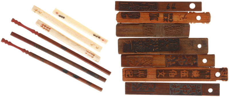 China - Bamboo Tallies - Nice varied lot of 13 thin, long (101, resp. 107 mm) Ba...