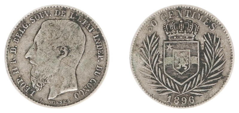 Congo Free State - 50 Centimes 1896. Head Leopold II left. Crowned shield, date ...