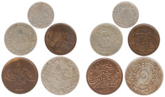 Egypt - Ottoman Empire - Muhammad V (1909-1918) - Lot with 5 coins, all Misr mint: 1/40th Qirsh AH1327/4 (KM300); 1/20th Qirsh AH1327/6H (KM301); 1/10...