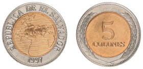 El Salvador - 5 Colones 1997 (KM162) Bi-metallic bronze plated center in Nickel-plated steel ring - this coin was not released for circulation, almost...