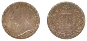 England - House of Hanover (1714-1901) - Victoria (1837-1901) - Sixpence 1893 (KM779, S.3941) - Obv: Old veiled bust left / Rev: Crowned value within ...