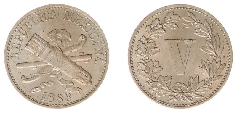 Mexico - Second Republic (1875- ) - 5 Centavos 1883 (KM399) - Obv: Crossed bow a...