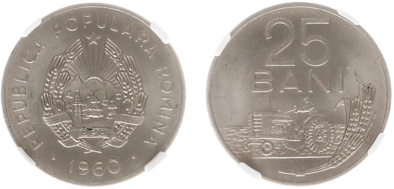 Romania - Republic - 25 Bani 1960 (KM88) - Obv: National arms / Rev: Value above...