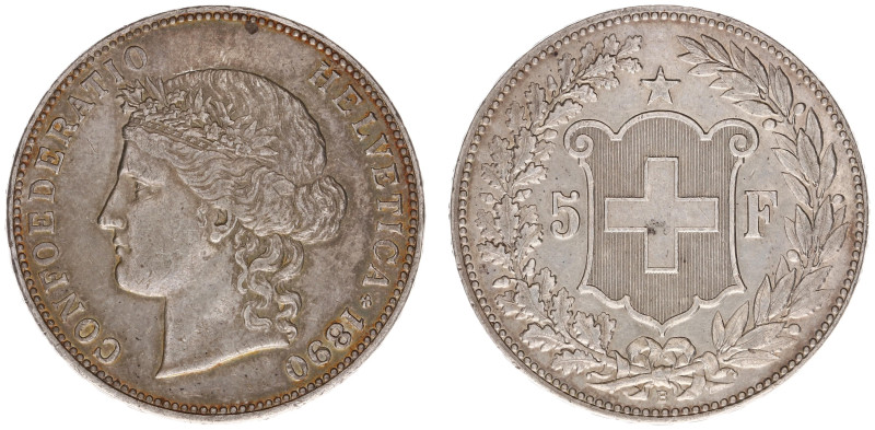 Switzerland - Confederation - 5 Francs 1890 (KM34, HMZ1198c) - Obv: Laureate hea...