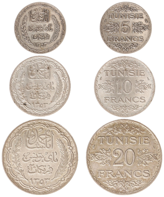 Tunisia - French Protectorate - Ahmad Pasha Bey (1929-1942) - 5, 10 & 20 Francs ...