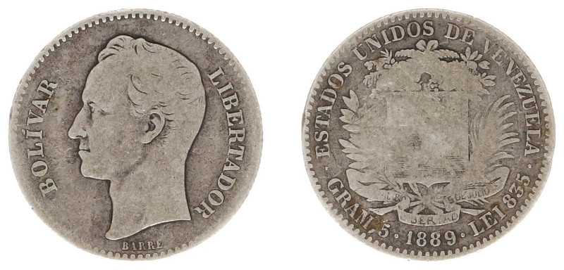 Venezuela - Republic - Bolivar (Gram 5) 1889 (KM22) - Obv: Head left / Rev: Nati...