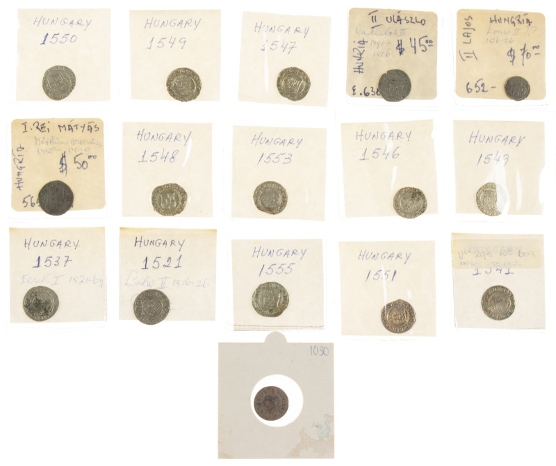 Hungary - Small lot with 15 old Hungarian coins, mainly dated Denars between 152...