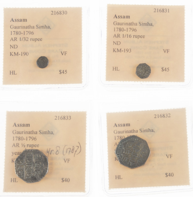 India - Lot with 4 coins: Assam, Gaurinatha Simha, 1780-1795, AR 1/32 rupee ND (...