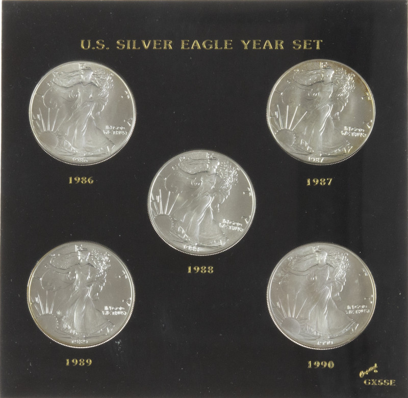 USA - Lot of 5 x 1$ silver Eagle Dollar USA 1986/87/88/89/90 in US silver Eagle ...