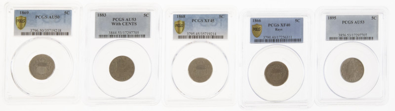 USA - Lot with 5x USA Nickels, all in PCGS slabs: 1866 XF40 / 1868 XF45 / 1869 A...