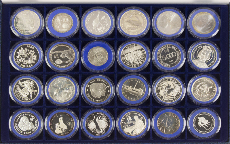 World coins - Cassette mainly with various silver Proof crownsize coins incl. Ne...