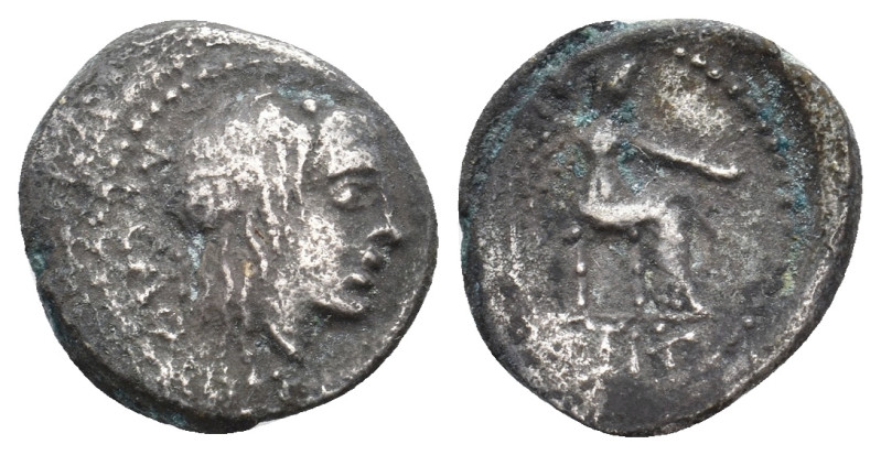 M. PORCIUS CATO, 47-46 BC. AR, Quinarius. Utica. 1.88 g. 15 mm.