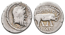 Q. CAECILIUS METELLUS PIUS SCIPIO, 47-46 BC. AR, Denarius. 3.29 g. 18.50 mm. Military mint traveling with Scipio in Africa.