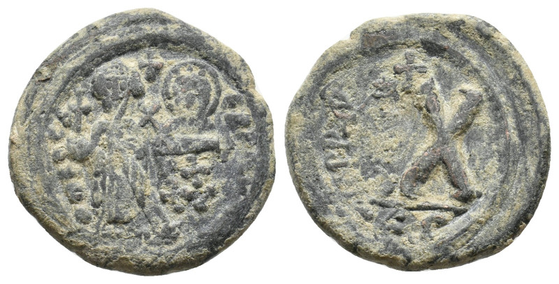 PHOCAS and LEONTIA, 602-610 AD. AE, Half Follis. Thessalonica. 5.64 g. 21 mm.