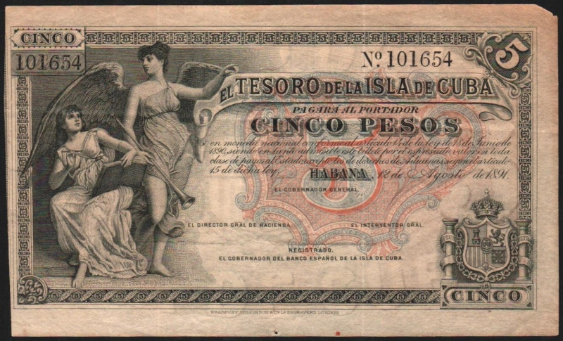 Tesoro de la Isla de Cuba. 12 de agosto de 1891. 5 pesos. Con numeración. Sin fi...