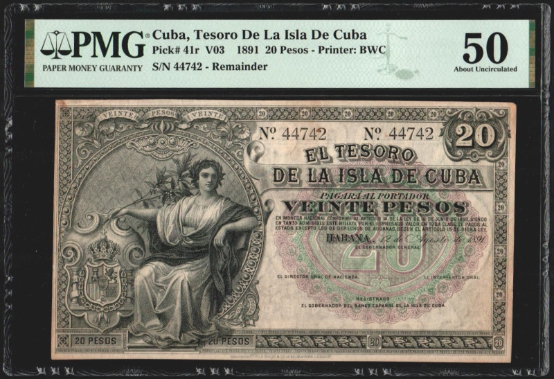 Tesoro de la Isla de Cuba. 12 de agosto de 1891. 20 pesos. Con numeración. Sin f...