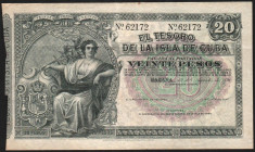 Tesoro de la Isla de Cuba. 12 de agosto de 1891. 20 pesos. Con numeración. Sin firmas. EBC. Muy escaso