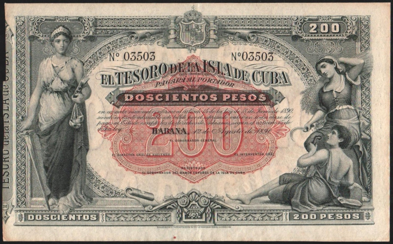 Tesoro de la Isla de Cuba. 12 de agosto de 1891. 200 pesos. Con numeración. Sin ...