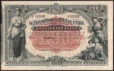 Tesoro de la Isla de Cuba. 12 de agosto de 1891. 200 pesos. Con numeración. Sin firmas. Casi EBC. Buen ejemplar