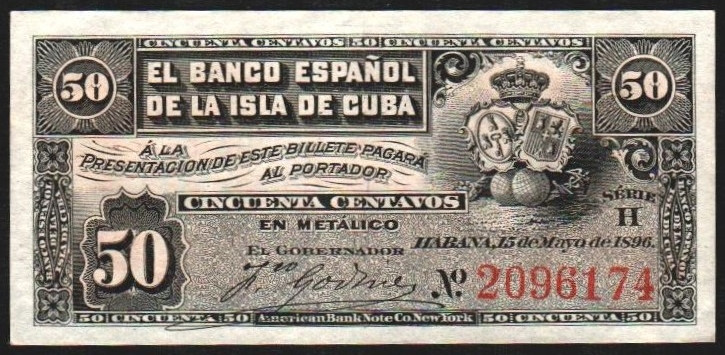 Banco Español de la Habana. 15 de mayo de 1896. 50 centavos. ECUBA70. Piquito li...