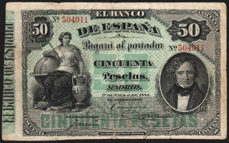 1 de enero de 1884. 50 pesetas. E283. Leves restauraciones. MBC-