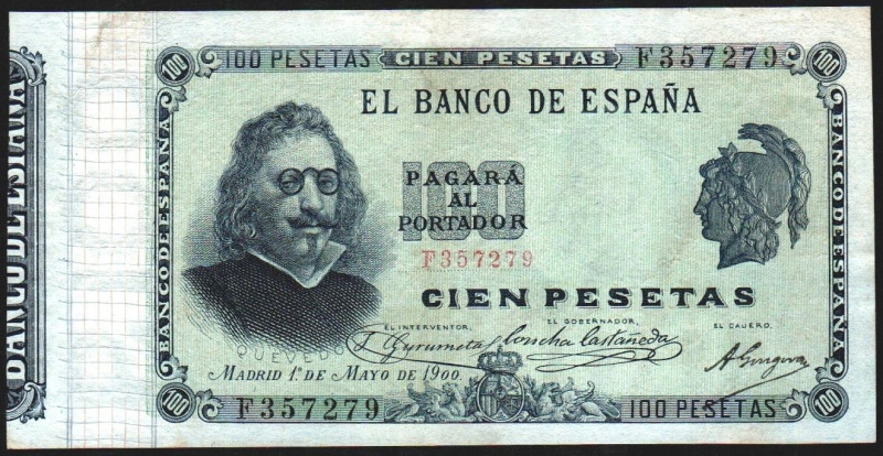 1 de mayo de 1900. 100 pesetas. Serie F. E308a. Planchado. Peor que MBC+