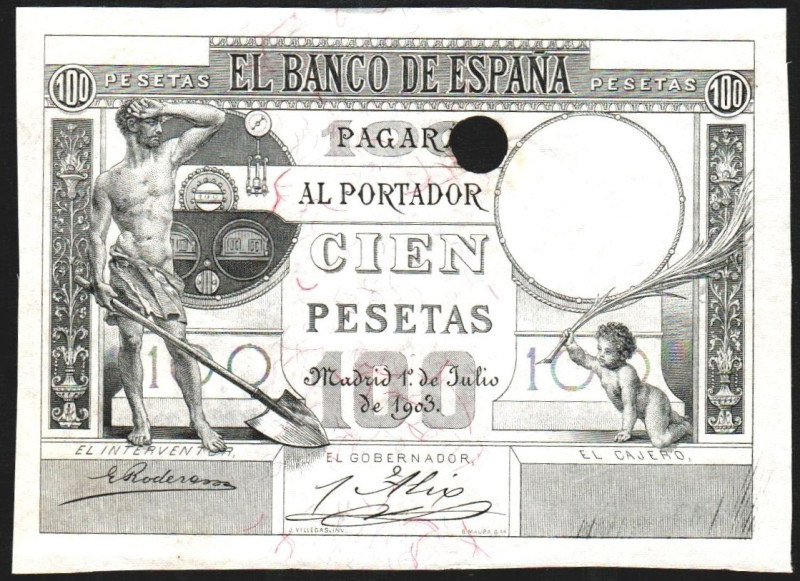 1 de julio de 1903. 100 pesetas. Prueba de anverso. Taladro. E310P. Margen infer...