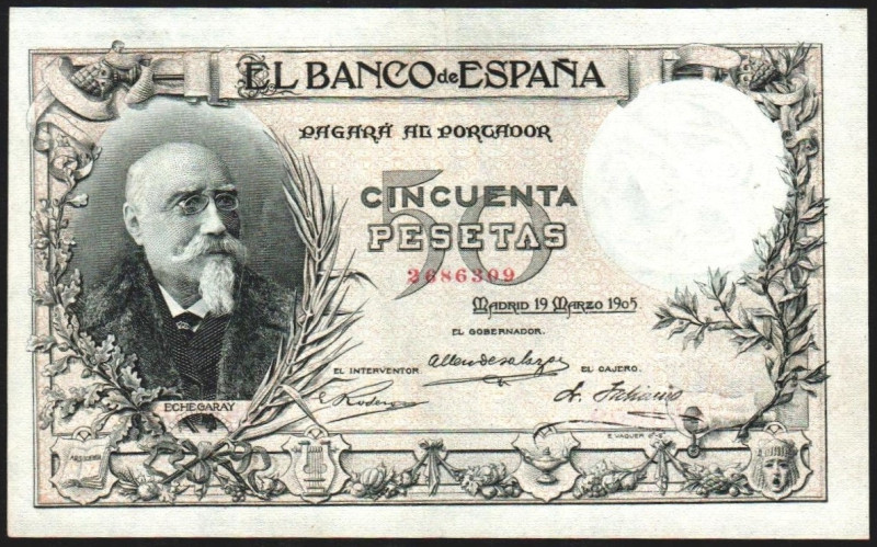 19 de marzo de 1905. 50 pesetas. E312. Planchado y lavado. Pérdida de color. Mej...