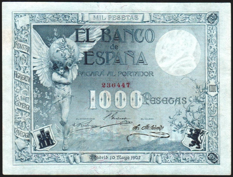 10 de mayo de 1907. 1.000 pesetas. E317. Ligeramente planchado. Margen superior ...