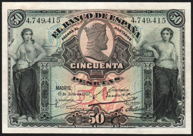 15 de julio de 1907. 50 pesetas. E319. Planchado y algo lavado. EBC-