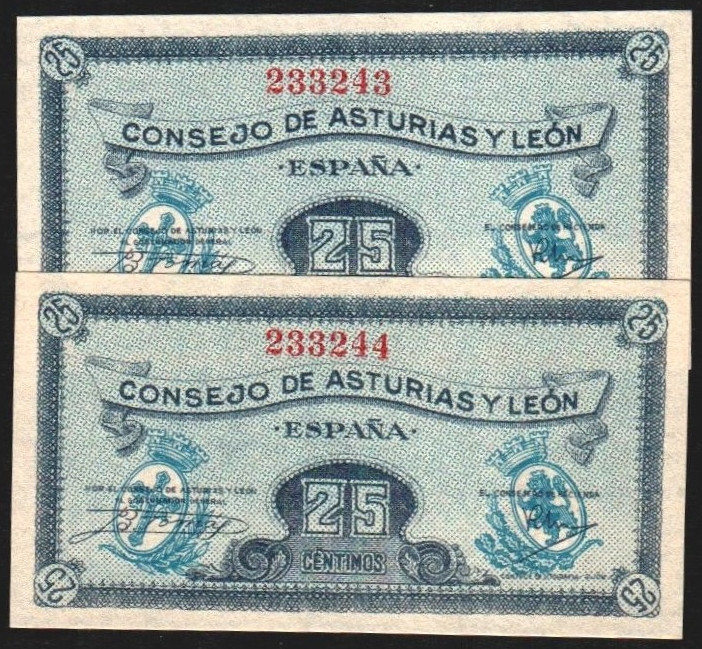 Consejo de Asturias y León. (1937). 25 céntimos. Pareja correlativa. E394. SC, a...