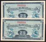Consejo de Asturias y León. (1937). 25 céntimos. Pareja correlativa. SC. Lote de 2