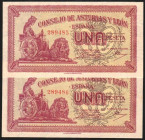 Consejo de Asturias y León. (1937). 1 peseta. Pareja correlativa. SC. Lote de 2