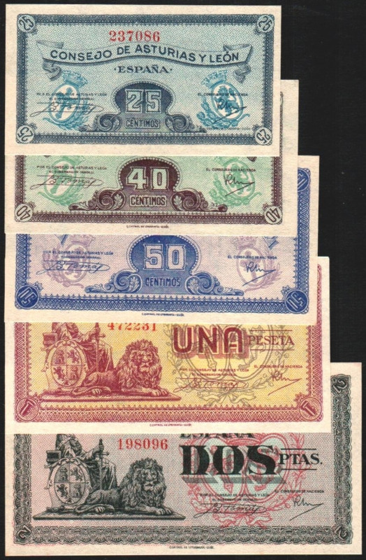 Consejo de Asturias y León. (1937). 25, 40 y 50 céntimos, y 1 y 2 pesetas. Númer...