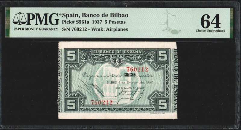 Banco de España, Bilbao. 1 de enero de 1937. 5 pesetas. Sin serie. Antefirma del...