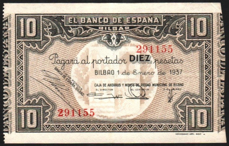 Banco de España, Bilbao. 1 de enero de 1937. 10 pesetas. Antefirma de la Caja de...