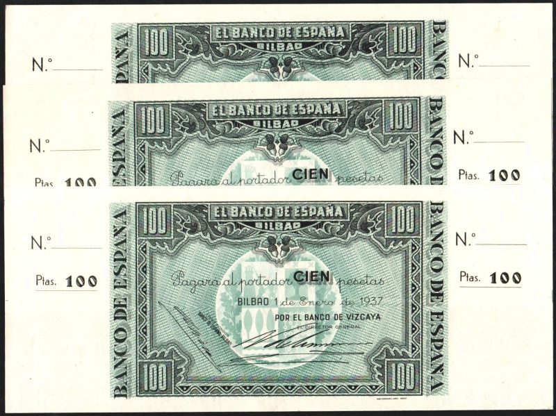 Banco de España, Bilbao. 1 de enero de 1937. 100 pesetas (3). Con matrices. Ante...