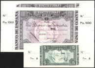 Banco de España, Bilbao. 1937. 1.000 (2) y 5 ptas. Con matrices. SC. Lote de 3