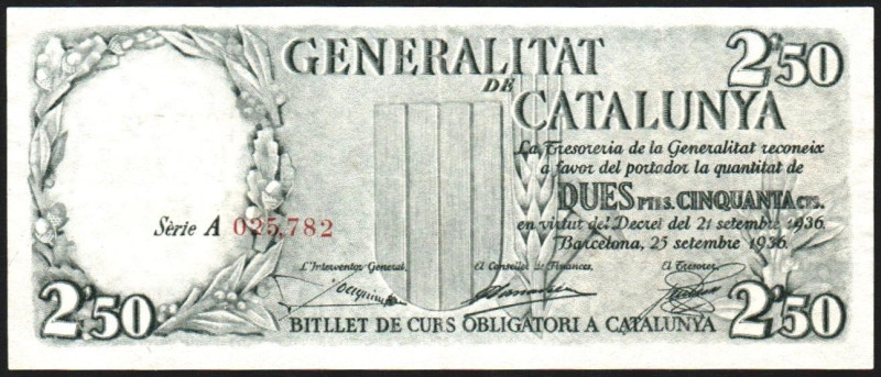 Generalitat de Catalunya. 25 de septiembre de 1936. 2'5 pesetas. Serie A. Numera...