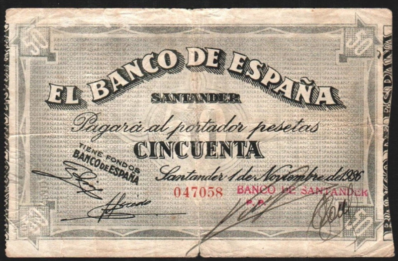 Banco de España, Santander. 1 de noviembre de 1936. 50 pesetas. Antefirma del Ba...