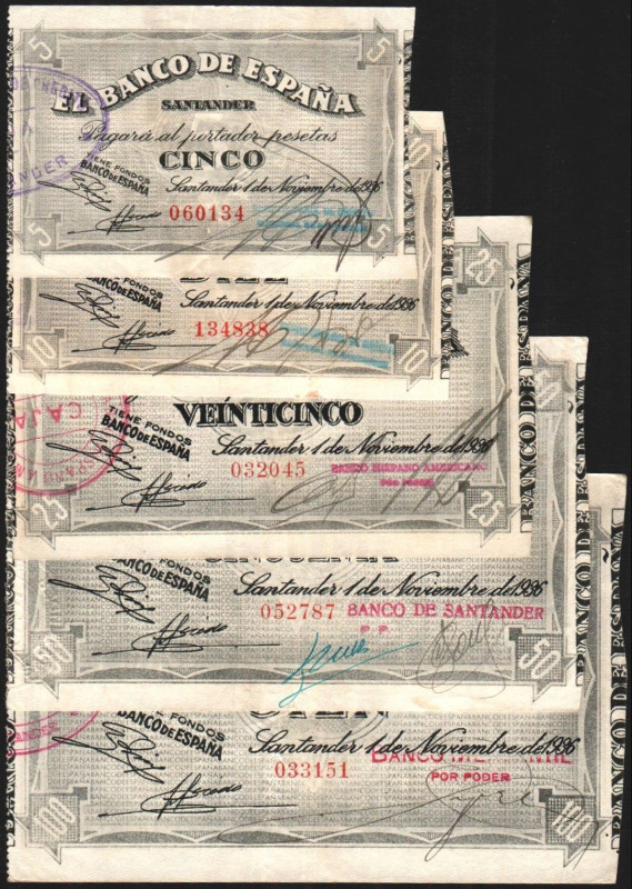 Banco de España, Santander. 1 de noviembre de 1936. 5, 10 , 25, 50 y 100 pesetas...