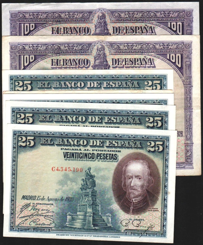 15 de agosto de 1928. 25 pesetas. Series A, C (2), D y E (2). Parejas correlativ...