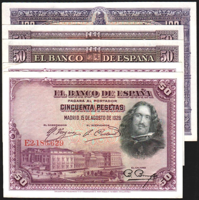 15 de agosto de 1928. 50 pesetas. Serie E. Pareja correlativa. 100 ptas. Serie A...