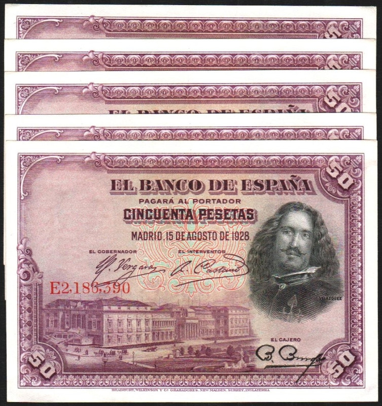 15 de agosto de 1928. 50 pesetas. Serie E. Quinteto correlativo. E354. Leve marq...