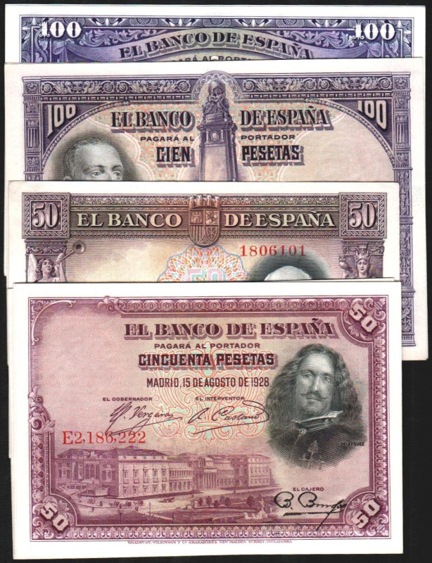 15 de agosto de 1928. 100 pesetas. Serie A. Trío correlativo. 50 ptas. Serie E. ...