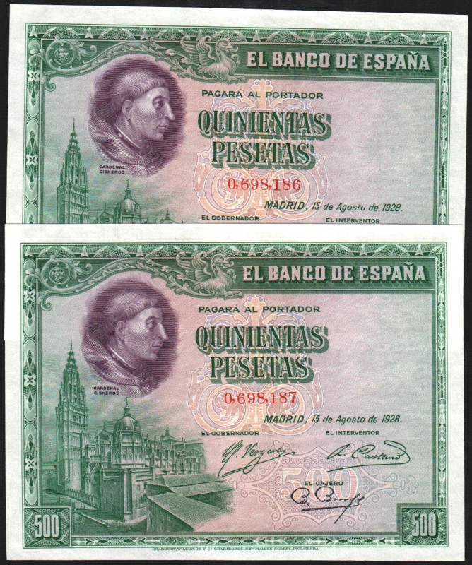 15 de agosto de 1928. 500 pesetas. Pareja correlativa. E356 (SC 65 EBC 30€). Lig...